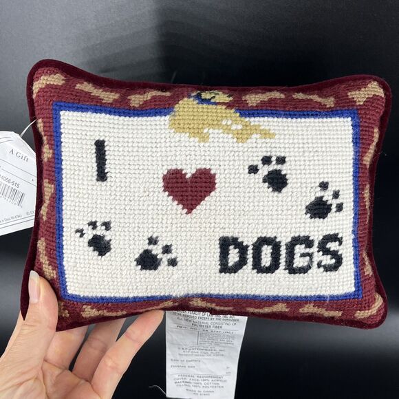 Needlepoint I Love Dog Spell Out Wool/Velvet Red Art Mini Pillow Decor - Picture 8 of 9